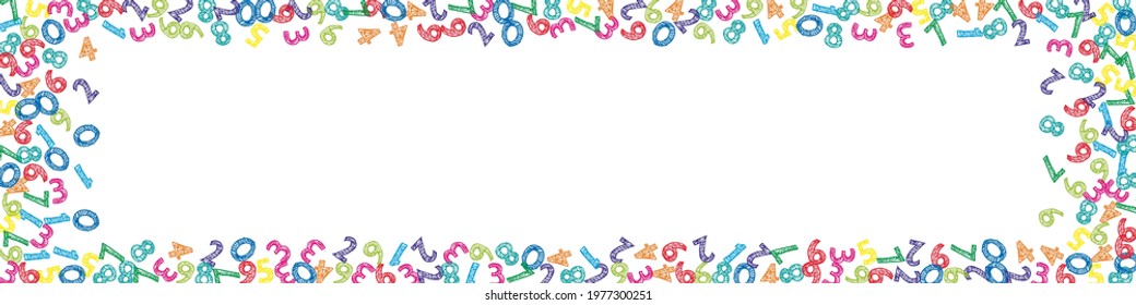 Falling colorful sketch numbers. Math study concept with flying digits. Beautiful back to school mathematics banner on white background. Falling numbers vector illustration.