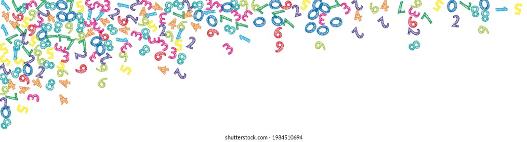 Falling colorful sketch numbers. Math study concept with flying digits. Fascinating back to school mathematics banner on white background. Falling numbers vector illustration.