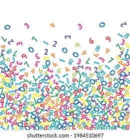 Falling colorful sketch numbers. Math study concept with flying digits. Amusing back to school mathematics banner on white background. Falling numbers vector illustration.