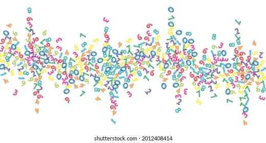 Cayendo coloridos números de sketch. Concepto de estudio matemático con dígitos voladores. Banner excepcional de regreso a la escuela de matemáticas sobre fondo blanco. Ilustración vectorial de números en disminución.