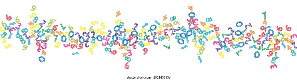 Falling colorful sketch numbers. Math study concept with flying digits. Powerful back to school mathematics banner on white background. Falling numbers vector illustration.