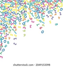 Falling colorful sketch numbers. Math study concept with flying digits. Immaculate back to school mathematics banner on white background. Falling numbers vector illustration.