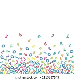 Cayendo coloridos números de sketch. Concepto de estudio matemático con dígitos voladores. De vuelta a la bandera de matemáticas de la escuela sobre fondo blanco. Ilustración vectorial de números en disminución.