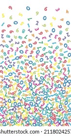 Fallende bunte Skizzen. Mathe-Studienkonzept mit fliegenden Ziffern. Überwältigend zurück zum Banner der Schulmathematik auf weißem Hintergrund. Fallende Zahlen, Vektorgrafik.