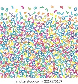 Falling colorful sketch numbers. Math study concept with flying digits. Fantastic back to school mathematics banner on white background. Falling numbers vector illustration.