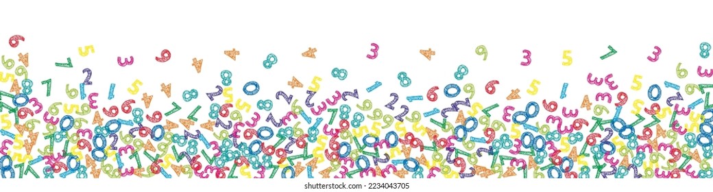 Falling colorful sketch numbers. Math study concept with flying digits. Splendid back to school mathematics banner on white background. Falling numbers vector illustration.