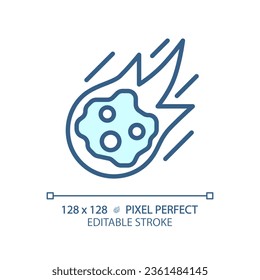 Falling comet pixel perfect light blue icon. Celestial body. Meteor shower. Night sky. Solar system. RGB color sign. Simple design. Web symbol. Contour line. Flat illustration. Isolated object