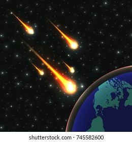 Falling comet in the starry sky with planet Earth vector illustration
