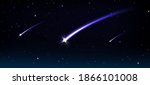 Falling comets, asteroids or meteors with blue flame trail in cosmos. Vector realistic illustration of black sky with stars, flying glowing meteorites from space and fireballs flash