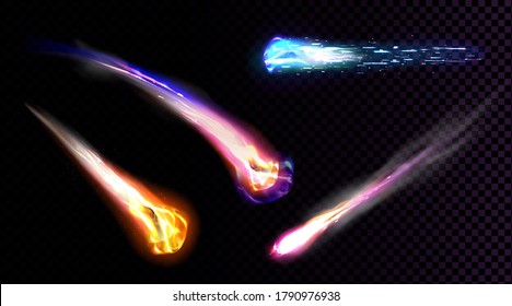 Falling Comets, Asteroids Or Meteors With Flame Trail Isolated On Transparent Background. Vector Realistic Set Of Flying Glowing Meteorites From Space, Fireballs Burning In Earth Atmosphere