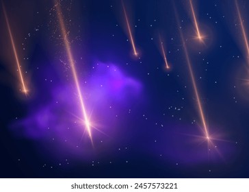 Caída de cometas o asteroides con rastro de llama roja brillante en el cosmos. Ilustración realista de Vector oscuro con estrellas, nubes de niebla, meteoritos brillantes voladores desde el espacio. Bola de fuego destella en la galaxia