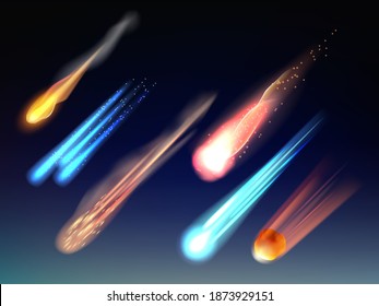 Falling comets. Astronomy collection space bodies stars meteorites cosmic glowing universe vector items realistic template