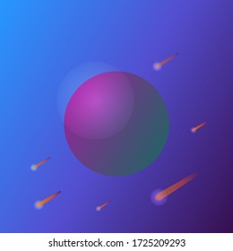 Falling comets near a lonely planet in the night sky. Mysterious space. Enchanting landscape