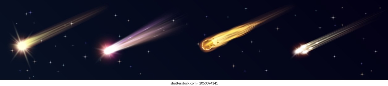 Cometas cayendo. Objetos de universo realistas, brillantes chispas de meteoros, asteroides y estrellas, disparando luces en el espacio cósmico sobre fondo azul oscuro. 3.ª ilustración vectorial