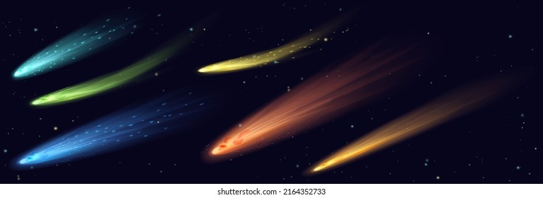 Falling comets in space with stars vector illustration. Bright light glow and motion tail of meteors and asteroids, glowing fireballs fly and fall in night sky background. Galaxy, astronomy concept