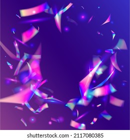 Cayendo Confetti. Brokeh Sparkles. Textura azul borrosa. Neon Tinsel. Serpentina De Navidad Láser. Arte festivo. Luminoso. Aceite Volador. Violet Falling Confetti