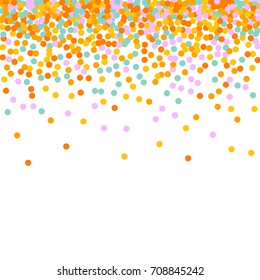Falling confetti. Bright Background of Multicolored Confetti. Square Card, Cover and Frame. Vector Isolated Confetti on White Background Pattern. Template Background Orange, Yellow, Blue, Pink Colors.