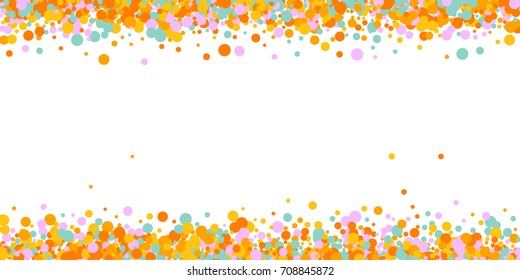 Falling Confetti. Bright Background of Multicolored Confetti. Square Card, Cover and Frame. Vector Isolated Confetti on White Background Pattern. Template Yellow, Blue, Turquoise and Pink Colors.