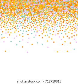 Falling confetti. Bright Background of Multicolored Confetti. Square Card, Cover and Frame. Vector Isolated Confetti on White Background Pattern. Template Background Orange, Yellow, Blue, Pink Colors.