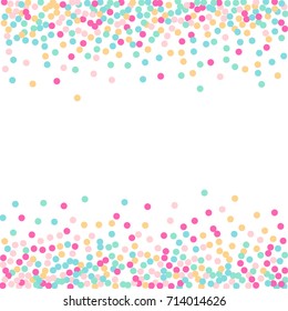 Falling Confetti. Bright Background of Multicolored Confetti. Square Card and Frame. Vector Isolated Confetti on White Background Pattern. Template for Holiday Designs, Invitation, Birthday, Wedding.