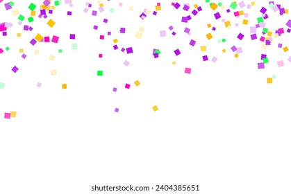 Falling confetti. Colorful small confetti on white background. Cute festive overlay template. Vertical vector background.