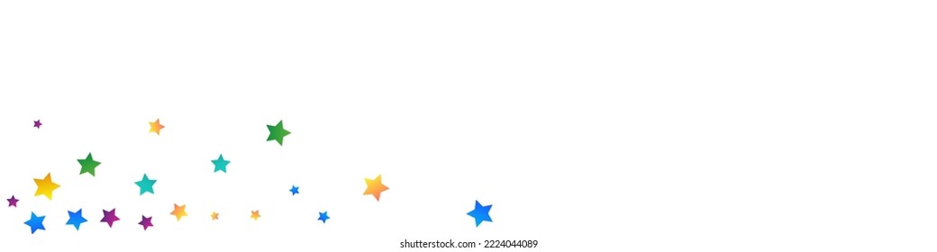Falling Confetti Festive Vector White Panoramic Background. Abstract Starfall Pattern. Carnival Stars Illustration. Rainbow Splash Fun Postcard.