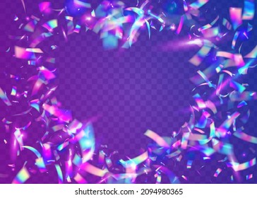 Falling Confetti. Fiesta Foil. Shiny Design. Bright Art. Rainbow Glare. Pink Retro Tinsel. Metal Realistic Serpentine. Light Background. Blue Falling Confetti