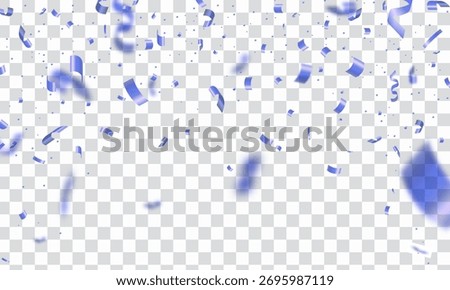 Falling confetti frame, metallic blue and purple colors. festive border. Shine serpantine. Birthday party design, event celebration invitation. Vector background.