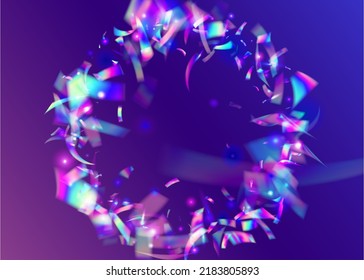Falling Confetti. Glitch Glare. Transparent Tinsel. Retro Prism. Party Prismatic Serpentine. Surreal Art. Festive Foil. Pink Blur Texture. Purple Falling Confetti