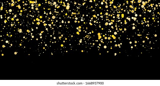 Falling confetti. Golden polka dot background. Gold glitter texture. Vector illustration.