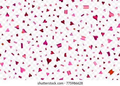 Falling confetti with hearts isolated on transparent background.