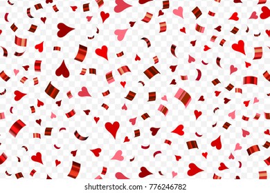 Falling confetti with hearts isolated on transparent background.