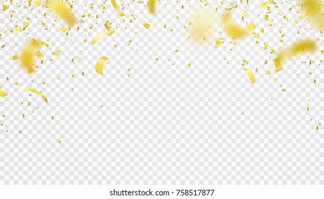 Falling Confetti Isolated Border Background. Shiny Gold Flying Tinsel For Party, Anniversary, Birthday, Carnival Decoration Design. Blurred Element. Vector Illustration On Transparent Backdrop