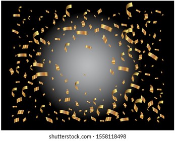 Falling confetti isolated on black background. Vector illustration. Fresh particles. Golden festive, luxury, bright, chaotic elements for birthday celebrate, party, holidays and celebrations.