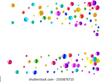 Falling confetti isolated on white background. Vector illustration. Fresh particles. Red, green, yellow, blue, golden, pink, orange and violet festive circles for holidays and celebrations.