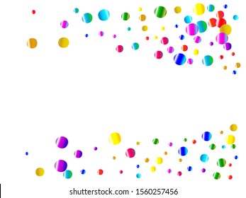Falling confetti isolated on white background. Graphic particles. Vector illustration. Red, green, yellow, blue, golden, pink, orange and violet festive circles for holidays and celebrations.