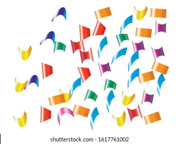 Falling confetti isolated on white background. Decorative particles. Vector illustration. Red, green, yellow, blue, golden, pink, orange and violet elements for holidays and celebrations.