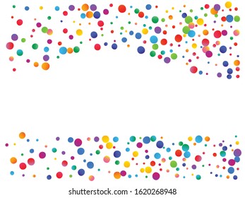 Falling confetti isolated on white background. Vector illustration. Graphic particles. Red, green, yellow, blue, golden, pink, orange and violet festive circles for holidays and celebrations.
