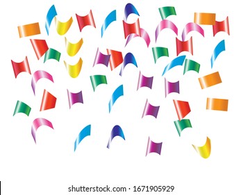Confeti caído aislado sobre fondo blanco. Partículas de moda. Ilustración vectorial. Rojo, verde, amarillo, azul, dorado, rosa, naranja y violeta elementos para fiestas y celebraciones.