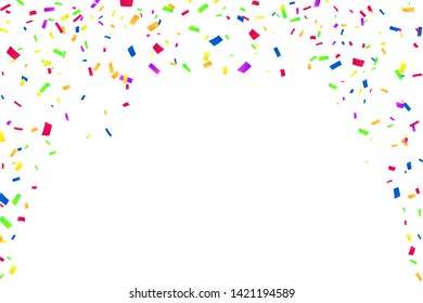 Falling confetti isolated white background. Abstract design element festive party, Christmas holiday, Happy New Year celebration. Bright decoration, paper tinsel. Birthday decor Vector illustration