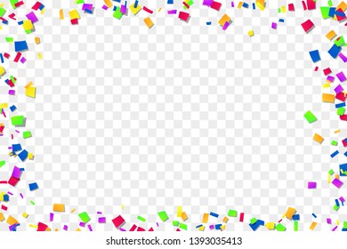 Falling confetti isolated white transparent background. Abstract design element festive party, Christmas holiday, New Year celebration. Bright birthday decoration, paper tinsel Vector illustration