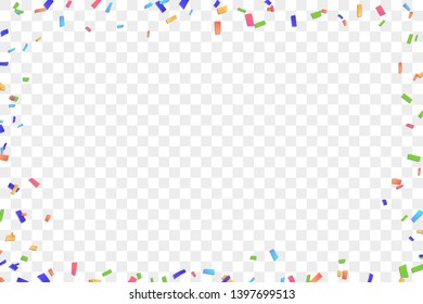 Falling confetti isolated white transparent background. Abstract design element festive party, Christmas holiday, New Year celebration. Bright birthday decoration, paper tinsel Vector illustration