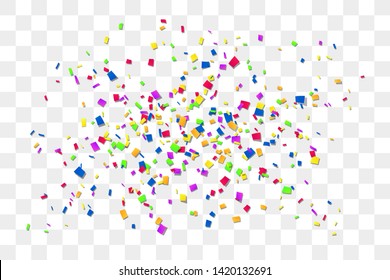 Falling confetti isolated white transparent background. Abstract design element festive party, Christmas holiday, New Year celebration. Bright birthday decoration, paper tinsel Vector illustration