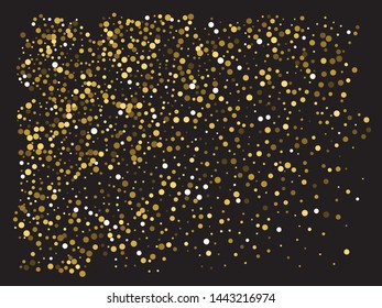 Falling confetti on black background. Fresh element of your design. Vector illustration art. Gold luxury festive decoration for holidays and celebrations.