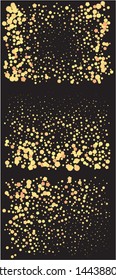 Falling confetti on black background. Vector illustration layout. Fashionable element of design. Gold luxury festive decoration set for holidays and celebrations.
