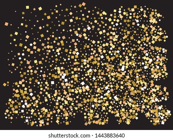 Falling confetti on black background. Geometric element for your design. Vector illustration concept. Gold luxury festive decoration for holidays and celebrations.