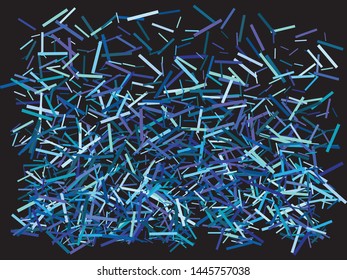 Falling confetti on black background. Graphic element of design. Vector illustration object. Blue luxury festive decoration for holidays and celebrations.