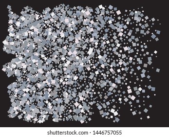 Falling confetti on black background. Unusual element of design. Vector illustration flyer. Silver luxury festive decoration for holidays and celebrations.