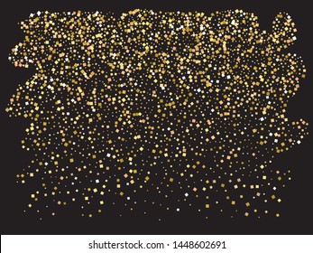 Falling confetti on black background. Fashionable element for your design. Vector illustration poster. Gold luxury festive decoration for holidays and celebrations.