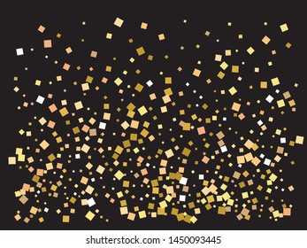 Falling confetti on black background. Fashionable element for your design. Vector illustration surprise. Gold luxury festive decoration for holidays and celebrations.